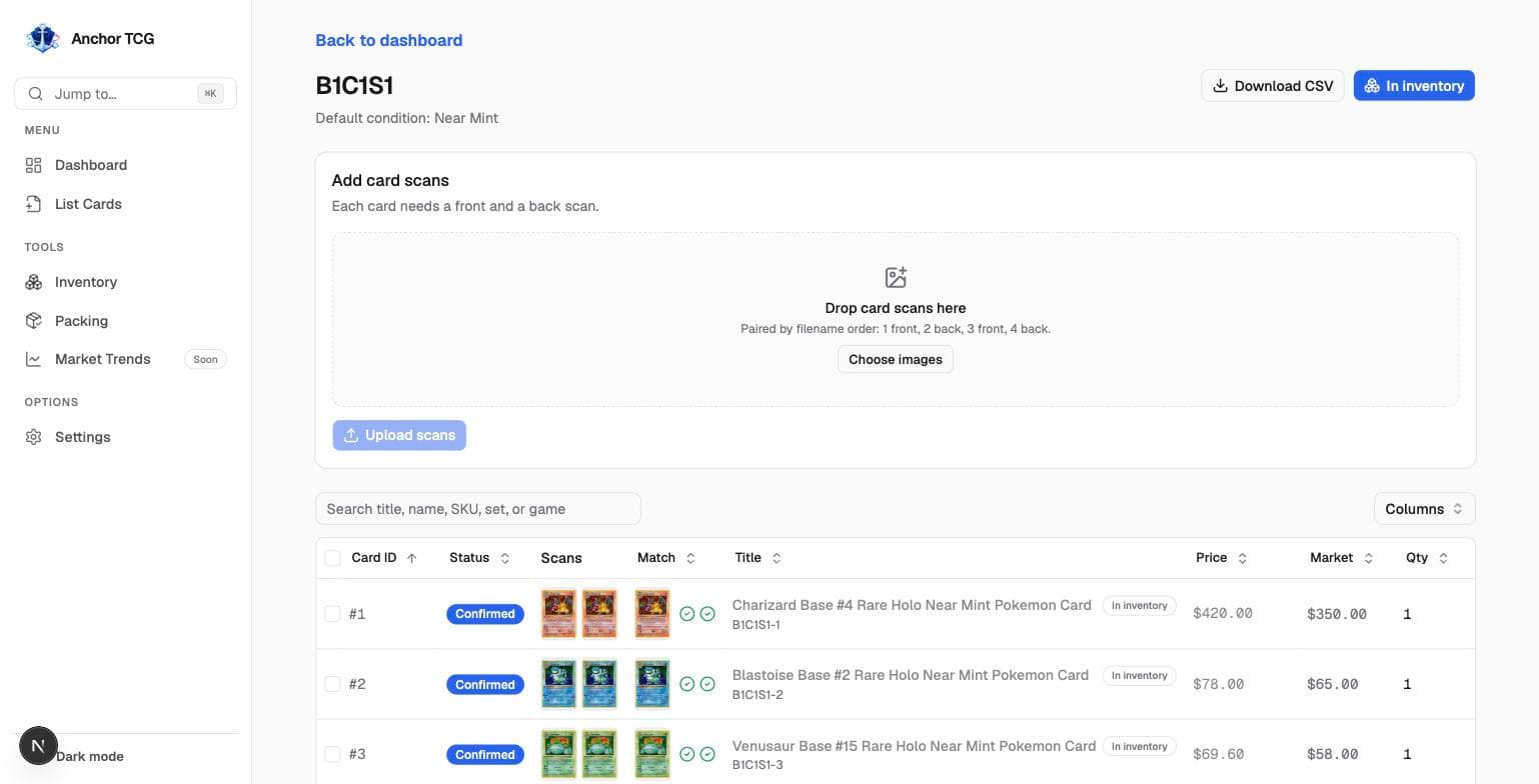 A batch of six confirmed cards, priced and marked in inventory, ready to export as an eBay CSV