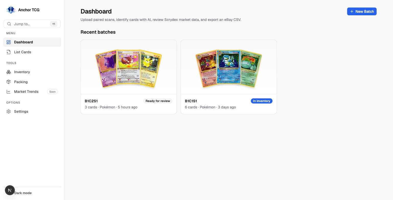 Anchor dashboard showing two card batches, each with a fanned preview of its top cards and a status badge