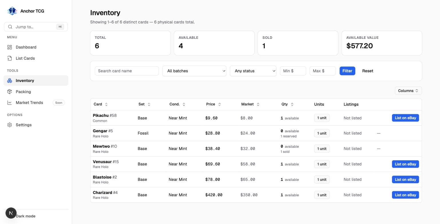 Inventory table pooled by card, with summary tiles for total units, available, sold, and available value